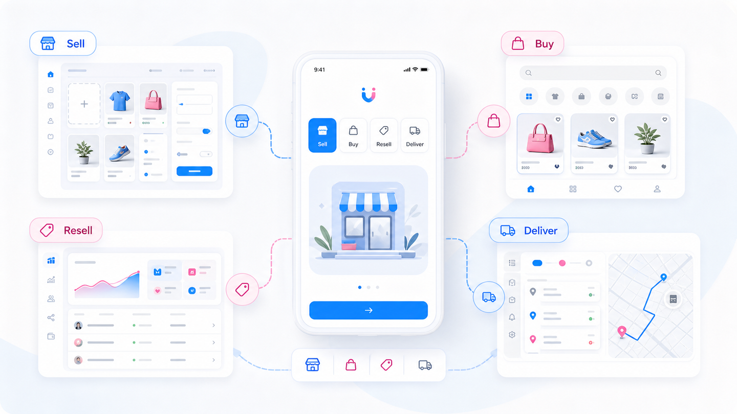Role selection workflow showing sell, buy, resell, and deliver paths in Uraibu.